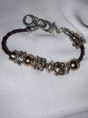 Brown Braided Cord European Bead Bracelet Two Tone Rhinestone Boho Y2K